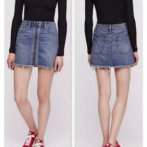 Free People We The Free Skirt Womens 30 Zip It Up Blue Denim Frayed Raw Hem